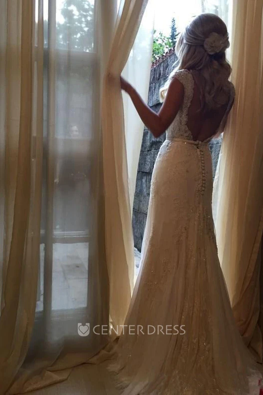 Sheath Queen Anne V-neck Lace Open Back Backless Zipper Wedding Dress