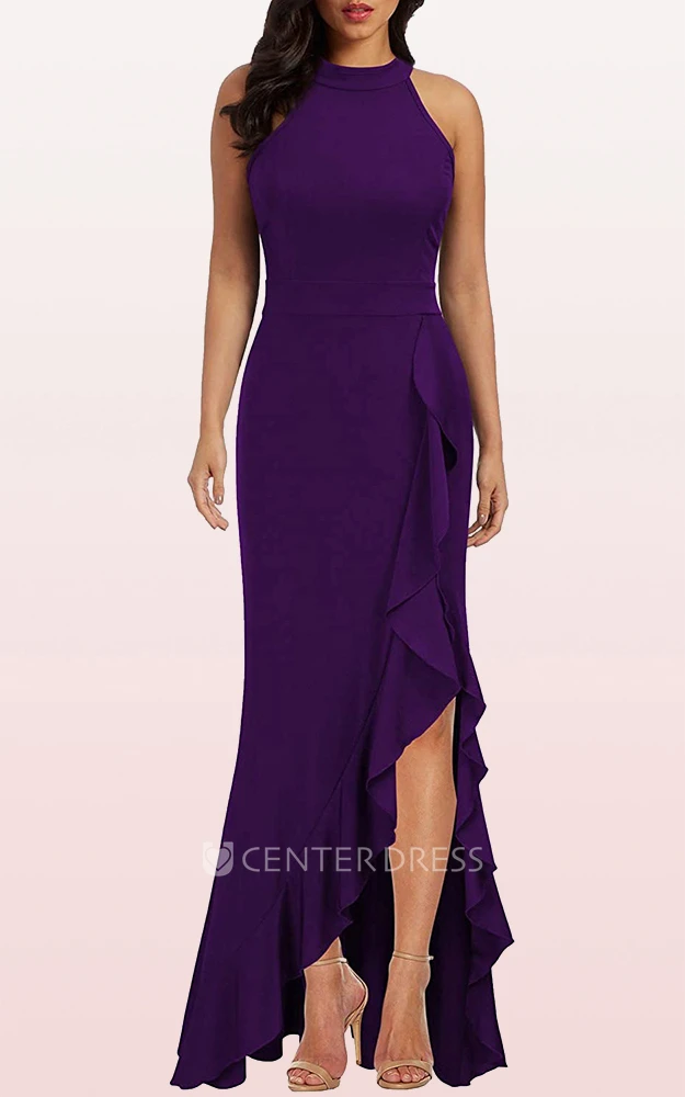 Elegant Halter Sheath Jersey Sleeveless Guest Dress With Split Front and Ruffles