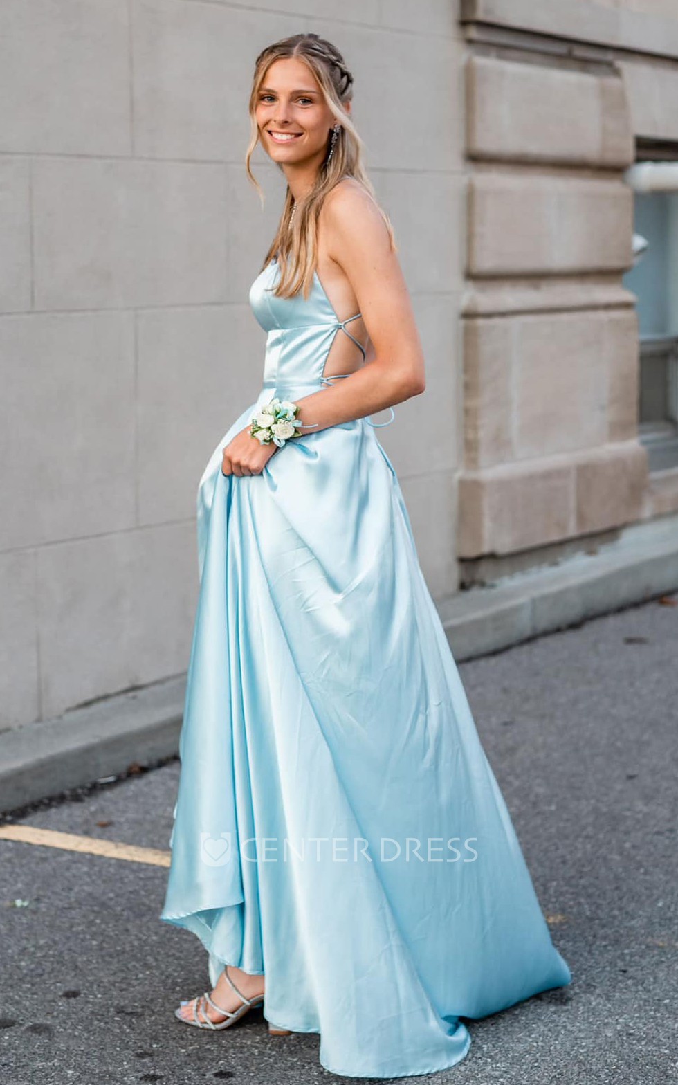 A Line Satin Off Shoulder Sleeveless Evening Dress with Split Front and Train Elegant Sexy Dress