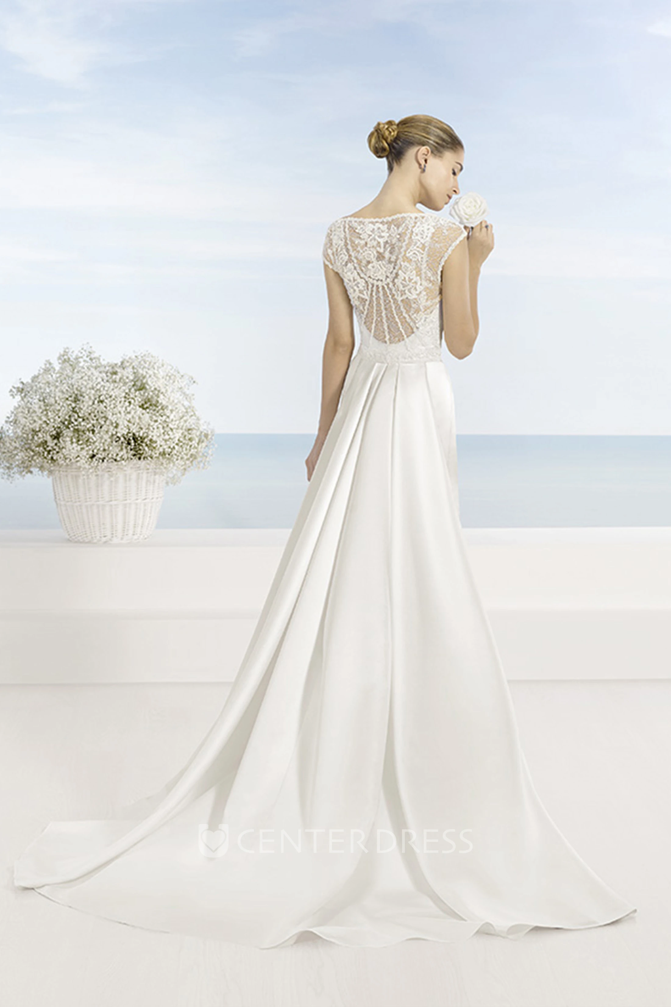 Scoop Floor-Length Beaded Satin Wedding Dress With Watteau Train And Illusion
