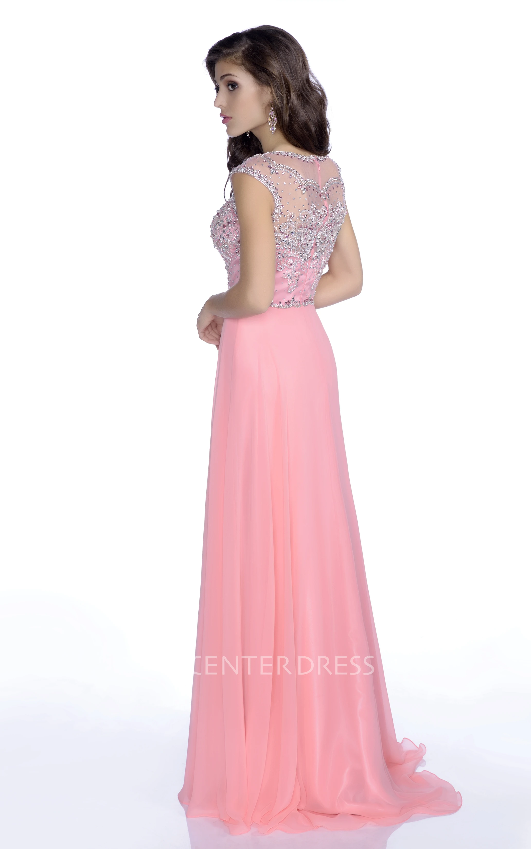A-Line Cap Sleeve Chiffon Gown With Rhinestone Bodice