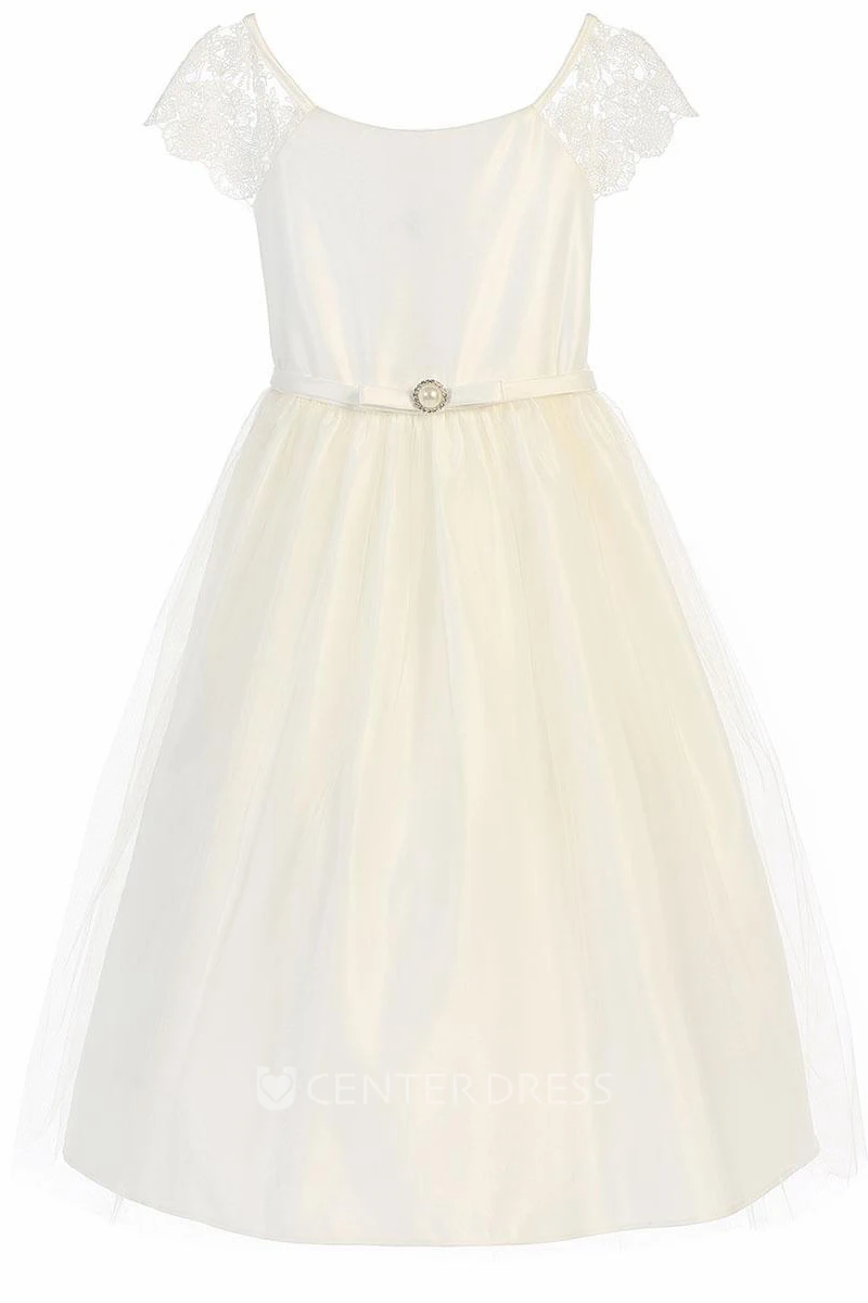 Broach Short Cap-Sleeve Beaded Tulle&Lace Flower Girl Dress