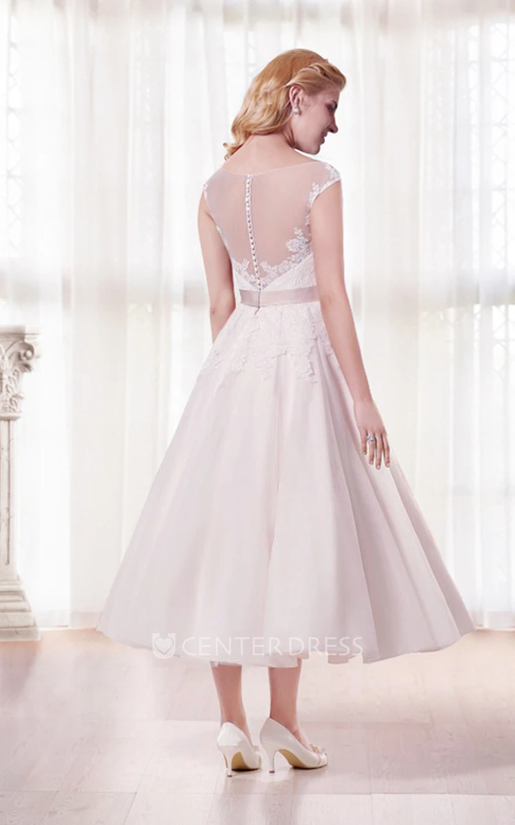 Cap Sleeve Tea Length Wedding Dress with Illusion Back