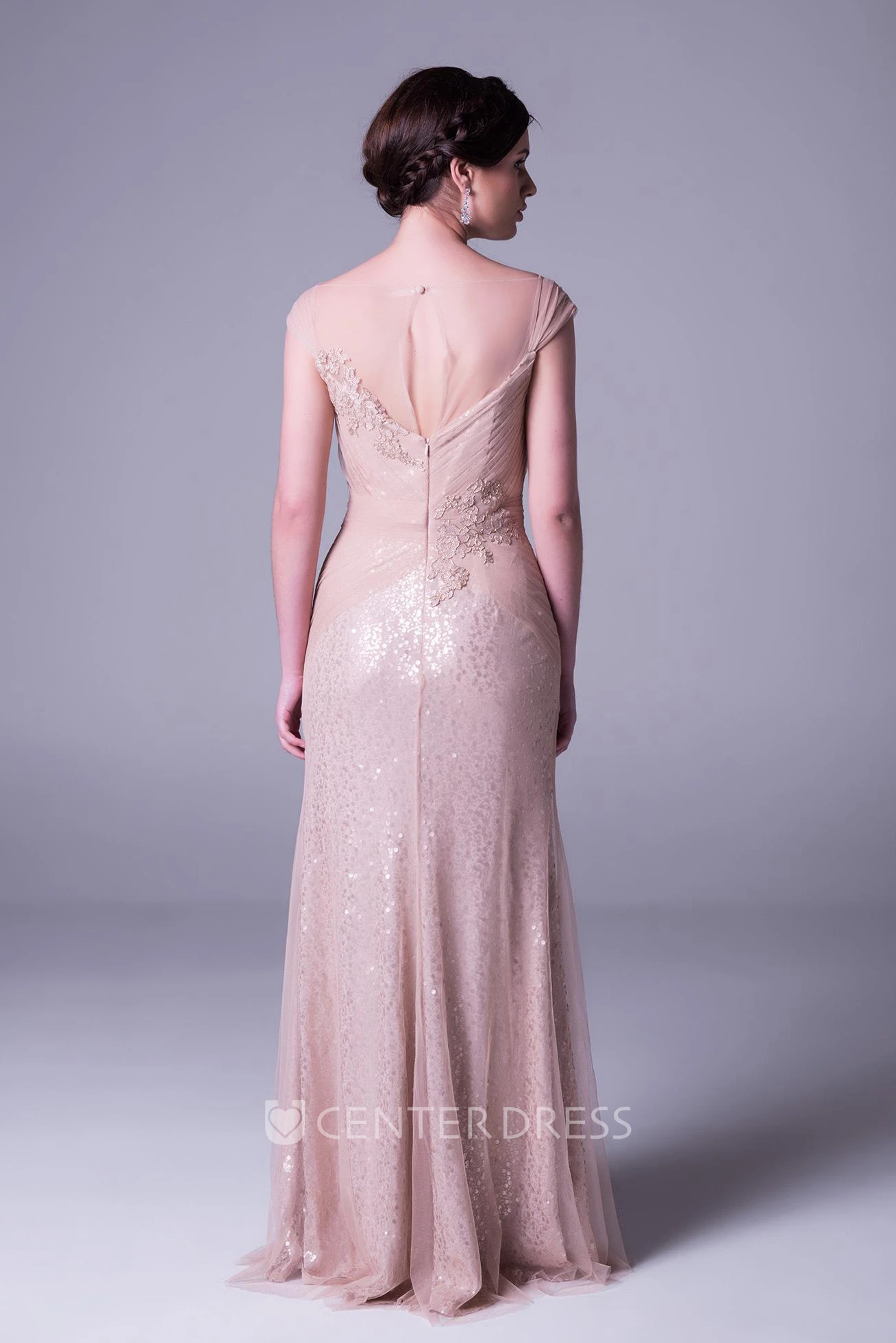 Cap Sleeve Bateau Neck Ruched Tulle Bridesmaid Dress With Illusion Back