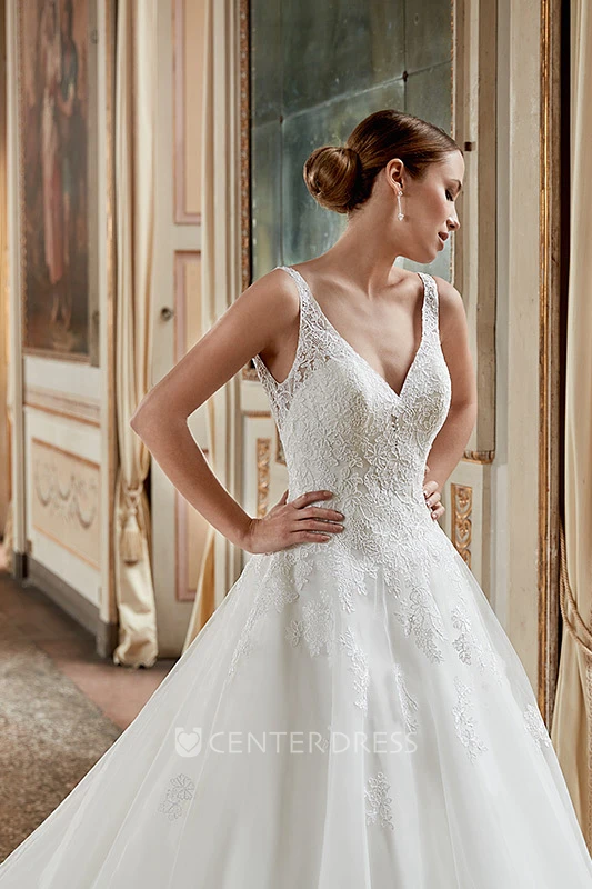 A-Line Appliqued Sleeveless V-Neck Floor-Length Tulle Wedding Dress With Ruffles
