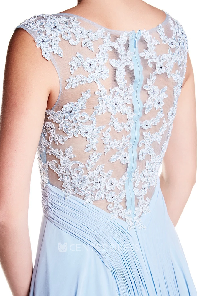 Cap Sleeve Bateau Neck Appliqued Chiffon Prom Dress With Illusion Back