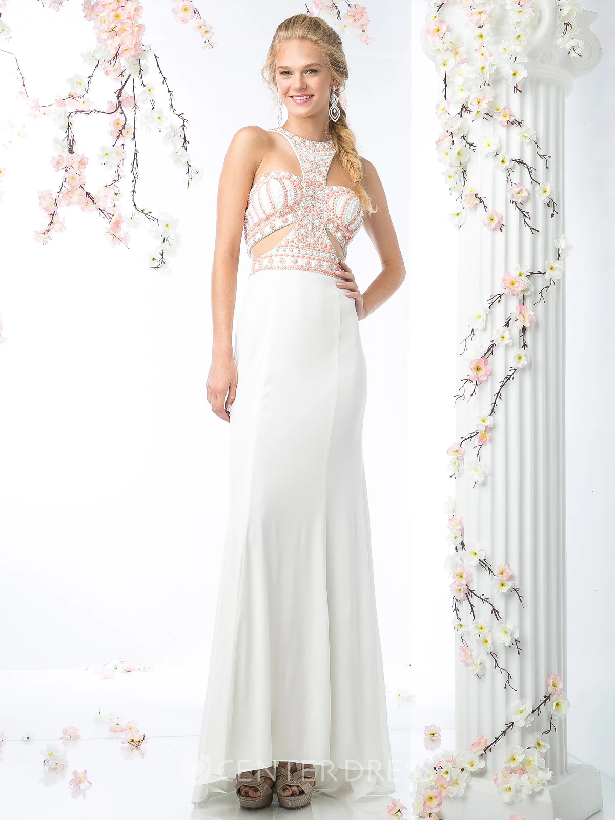 Sheath Floor-Length Jewel-Neck Sleeveless Jersey Zipper Dress With Beading