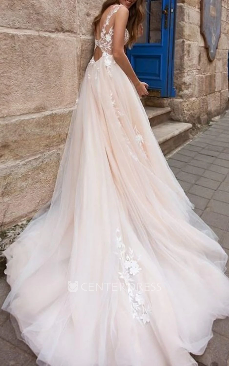 Casual Beach Organza A-Line Wedding Dress with Appliques and Open Back Chic
