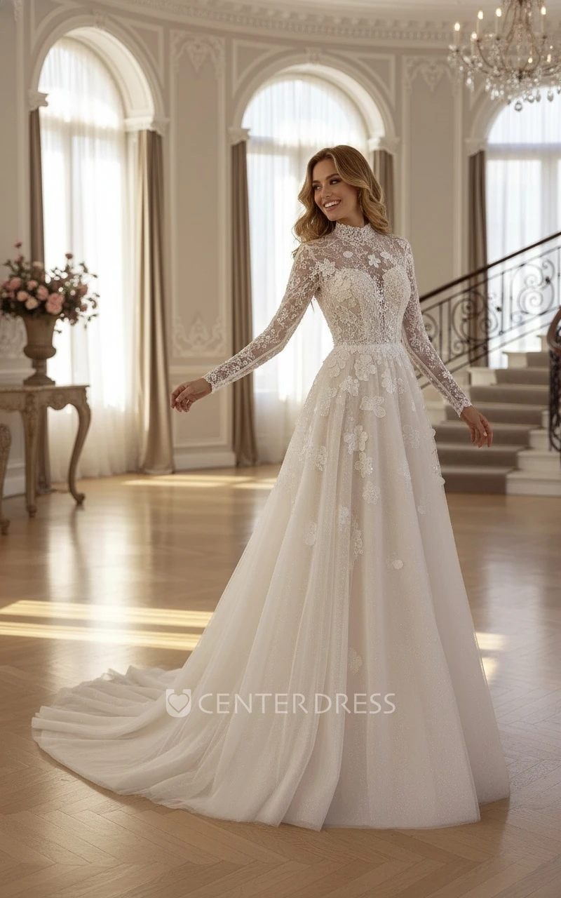 Long-Sleeve Modest Lace Wedding Dress High Neck A-Line Flower Bridal Gown