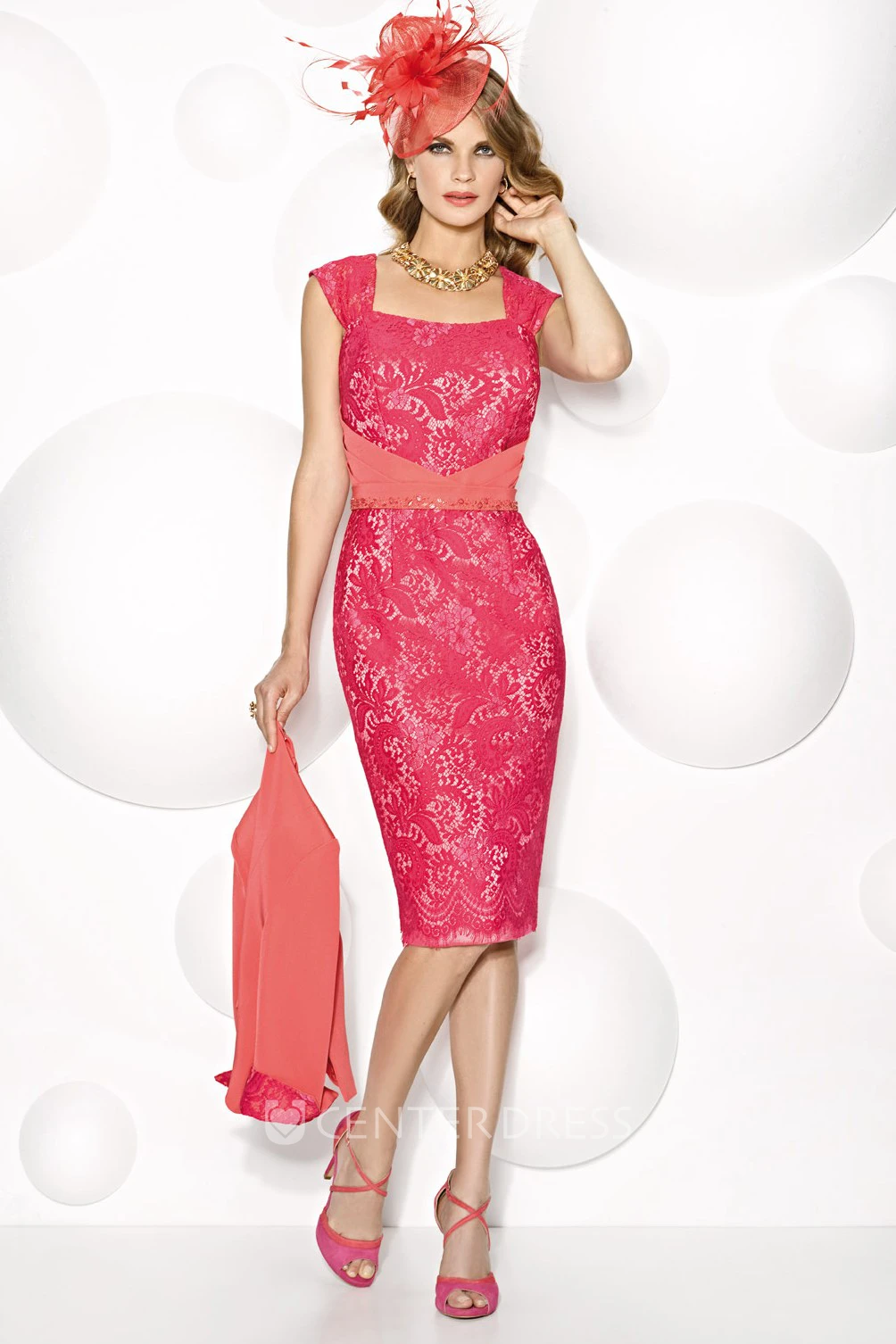 Sheath Knee-Length Sleeveless Queen Anne Lace Prom Dress