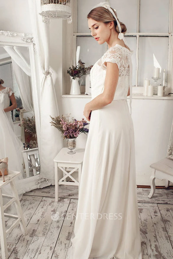 Sheath Cap-Sleeve Scoop-Neck Chiffon Wedding Dress With Lace And Illusion