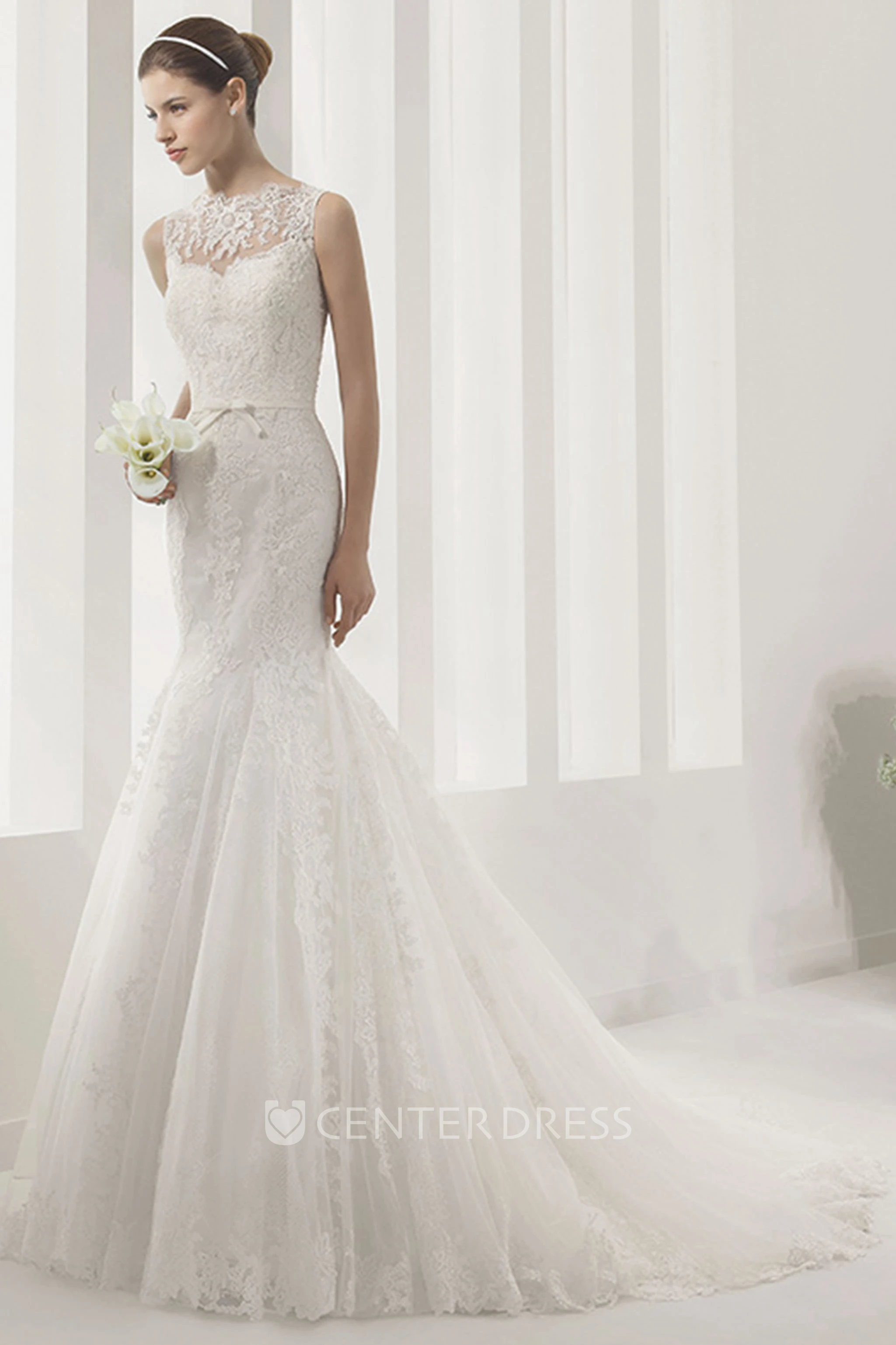 Illusion High Neck Lace Mermaid Gown With Belt And Pearl Details
