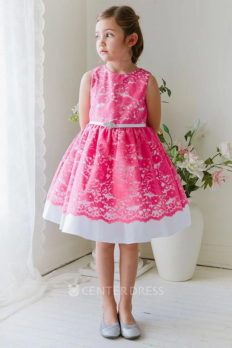 Tea-Length Floral Beaded Lace&Satin Flower Girl Dress With Ribbon