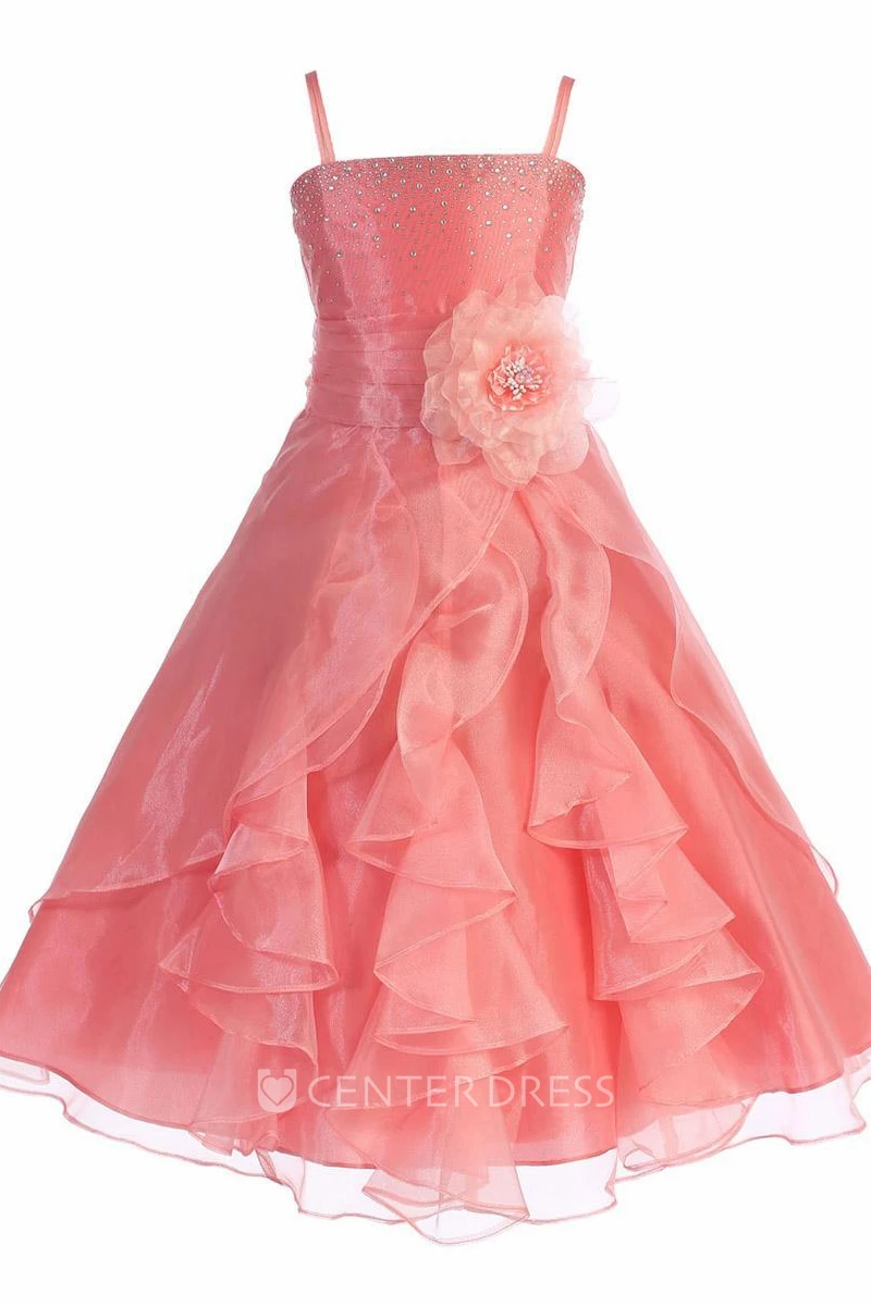 Ankle-Length Split Beaded Floral Organza Flower Girl Dress With Ribbon