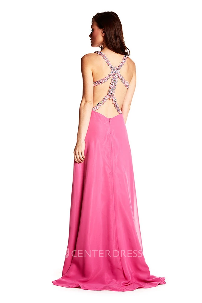 A-Line Sleeveless Ruched Floor-Length Empire Chiffon Prom Dress With Beading