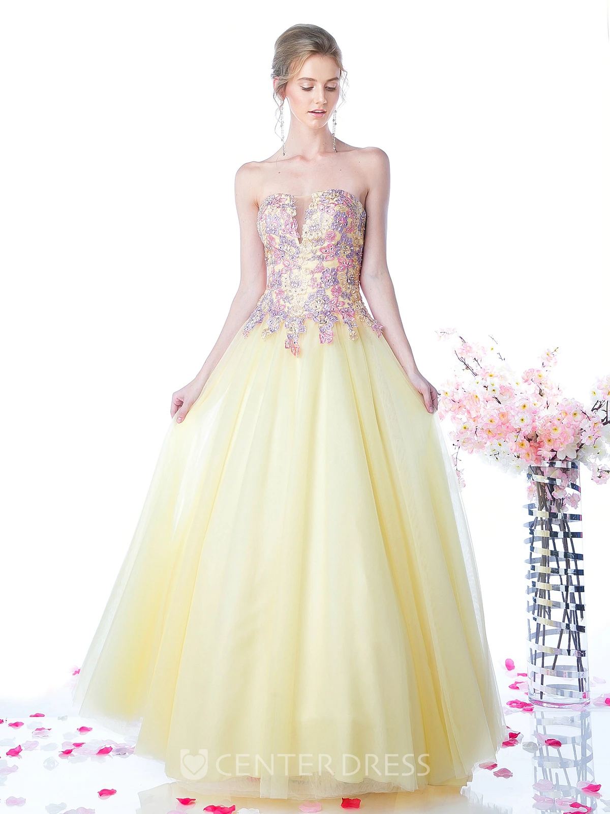 Ball Gown Strapless Tulle Satin Low-V Back Dress With Appliques And Beading