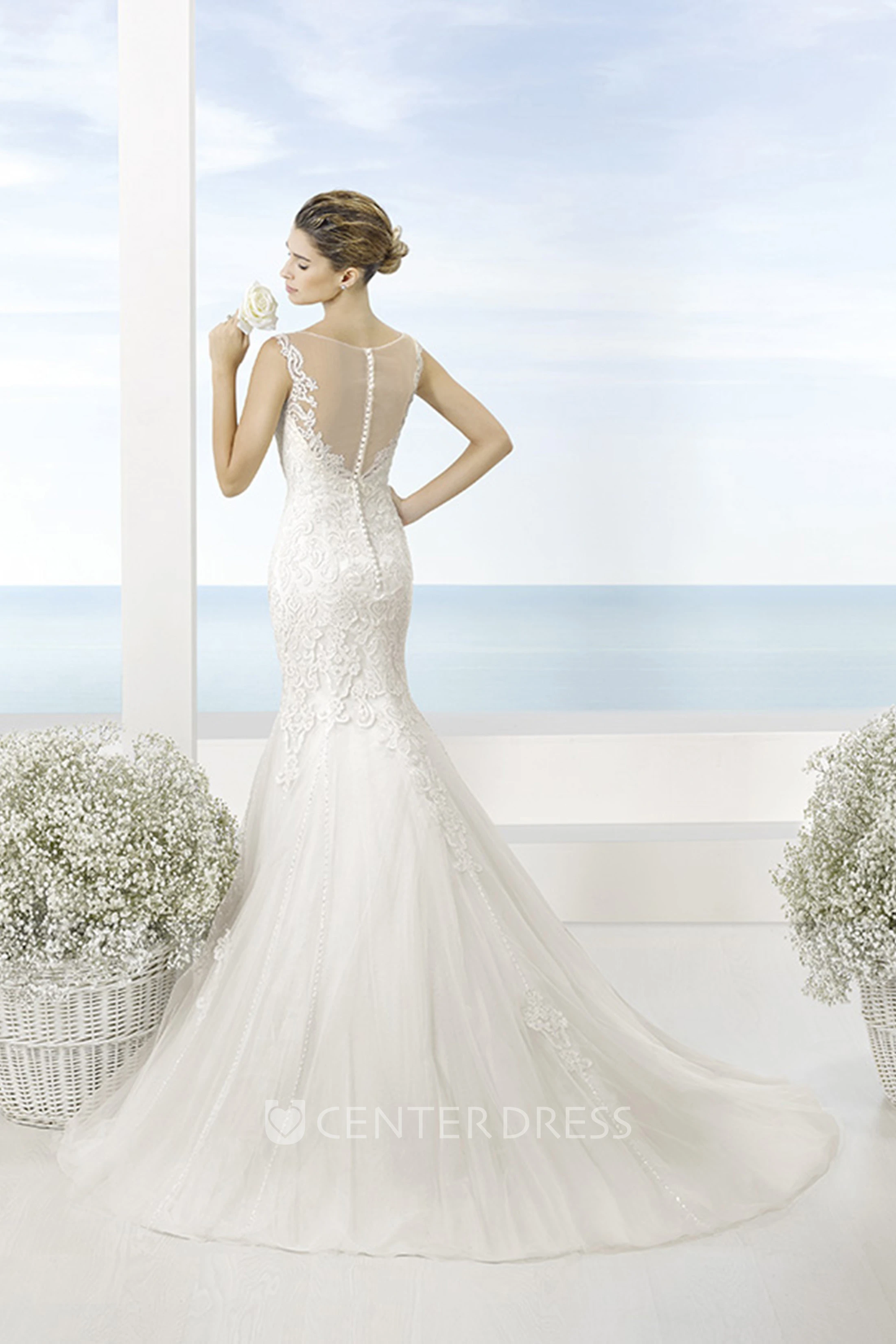 Trumpet Bateau Long Sleeveless Appliqued Lace Winter Wedding Dress With Court Train And Illusion Back