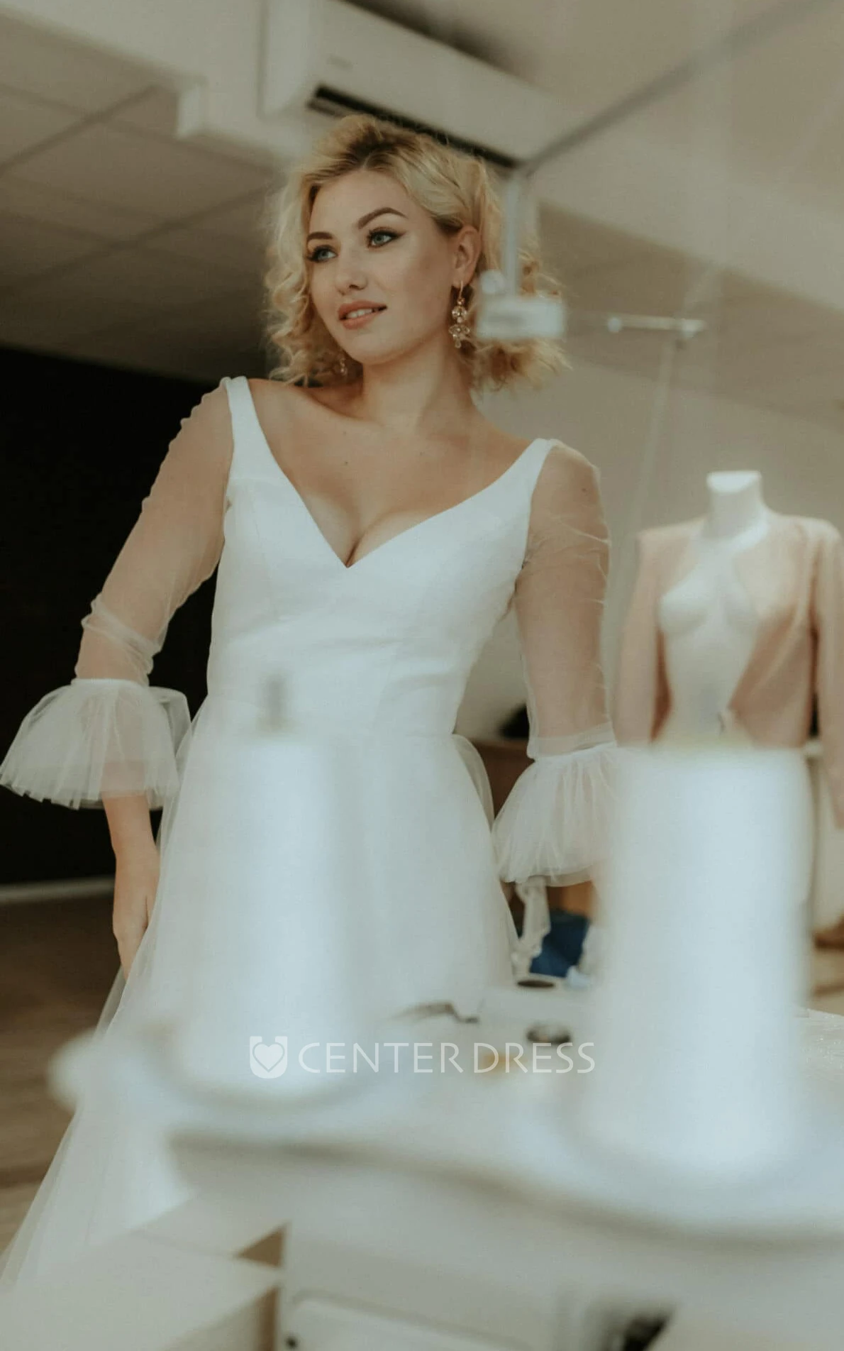 Romantic Tulle V-neck Bell A Line Wedding Dress with Ruching