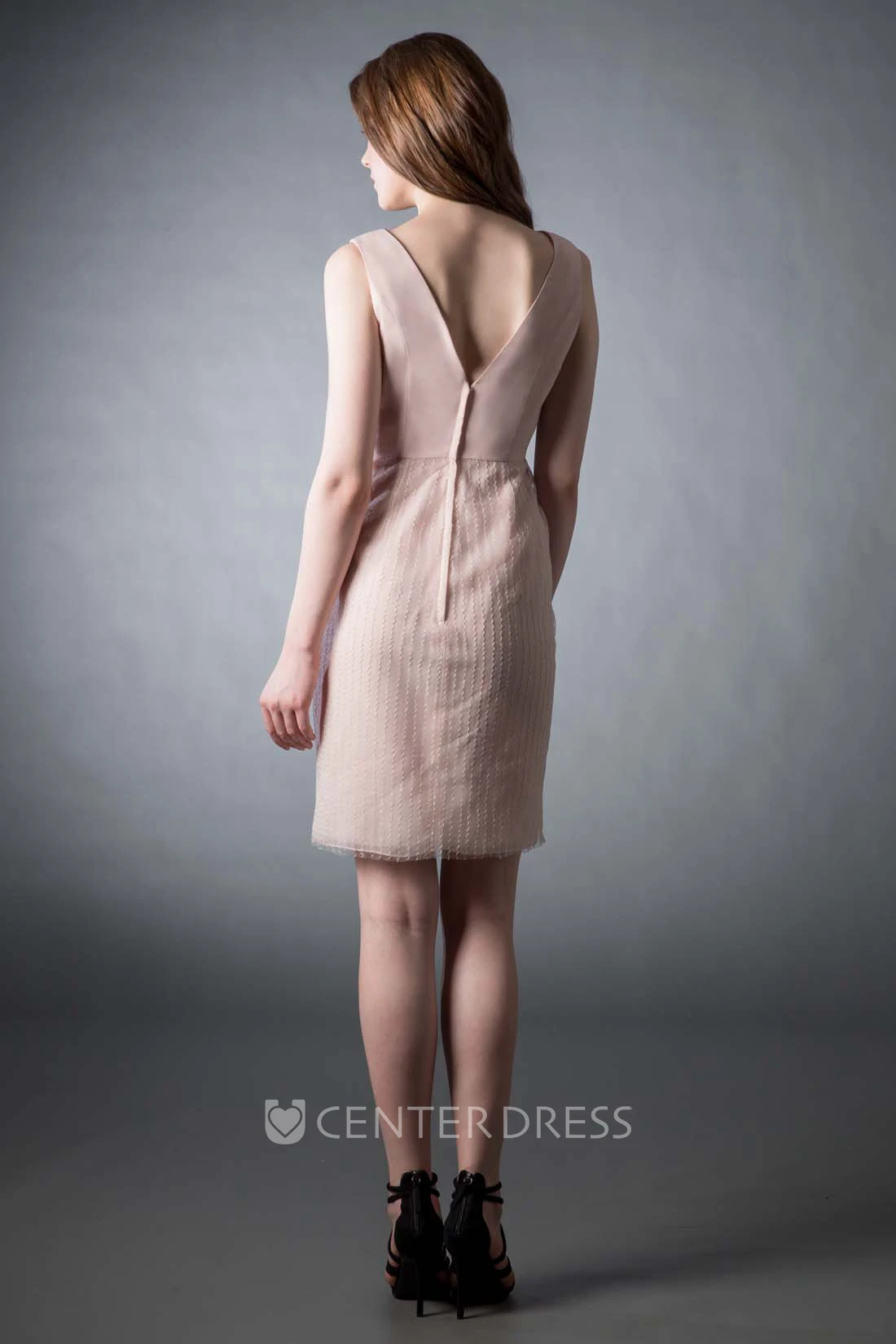 Mini Pencil Jewel Neck Sleeveless Chiffon Bridesmaid Dress With Low-V Back