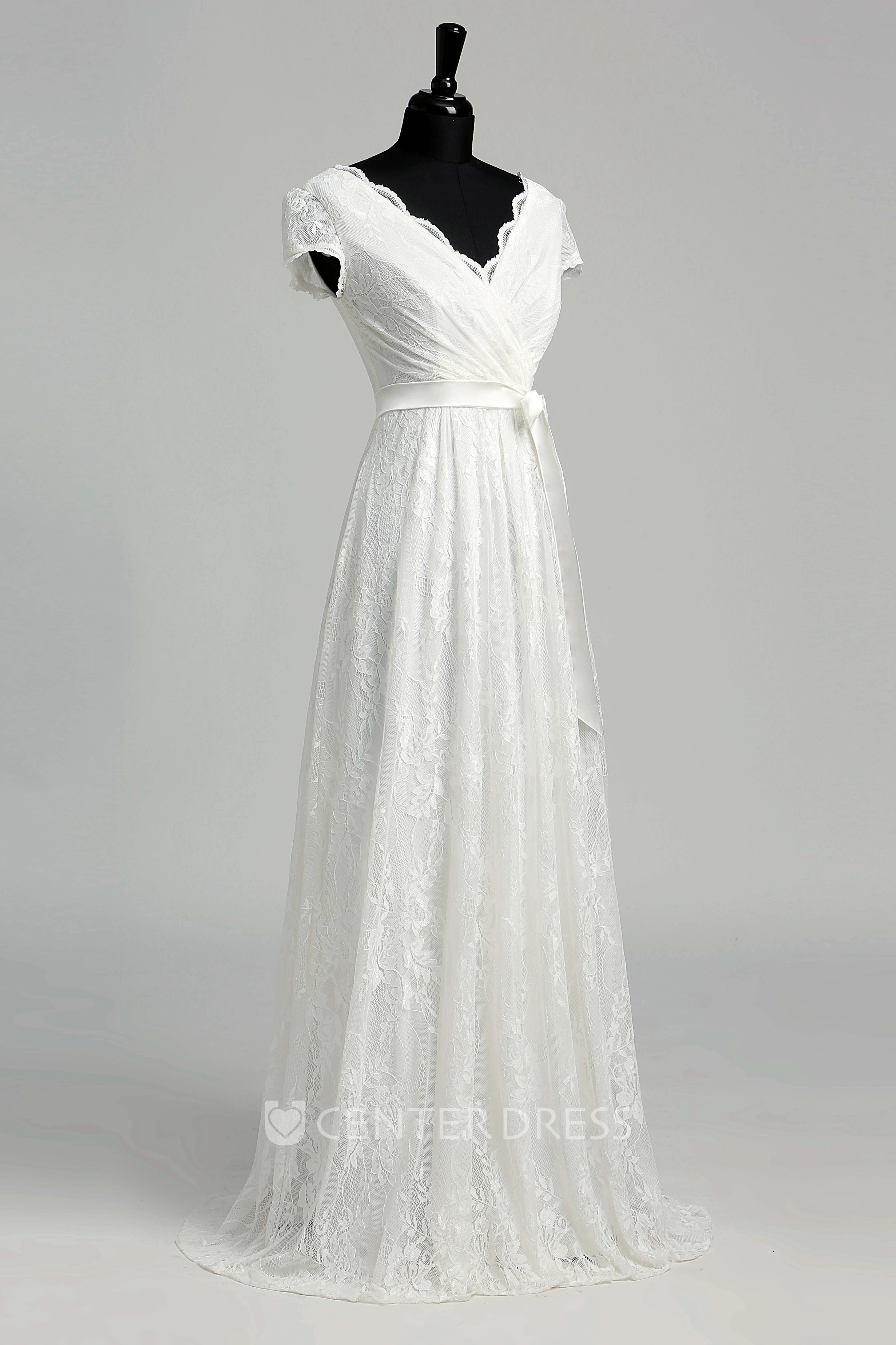 A Line Garden Floor-length Bow Sash Ribbon Lace Warm Wedding Dress