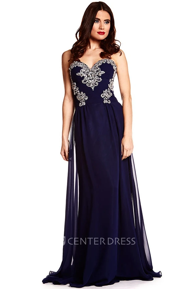 A-Line Sweetheart Sleeveless Maxi Beaded Chiffon Prom Dress With Lace-Up Back And Sweep Train