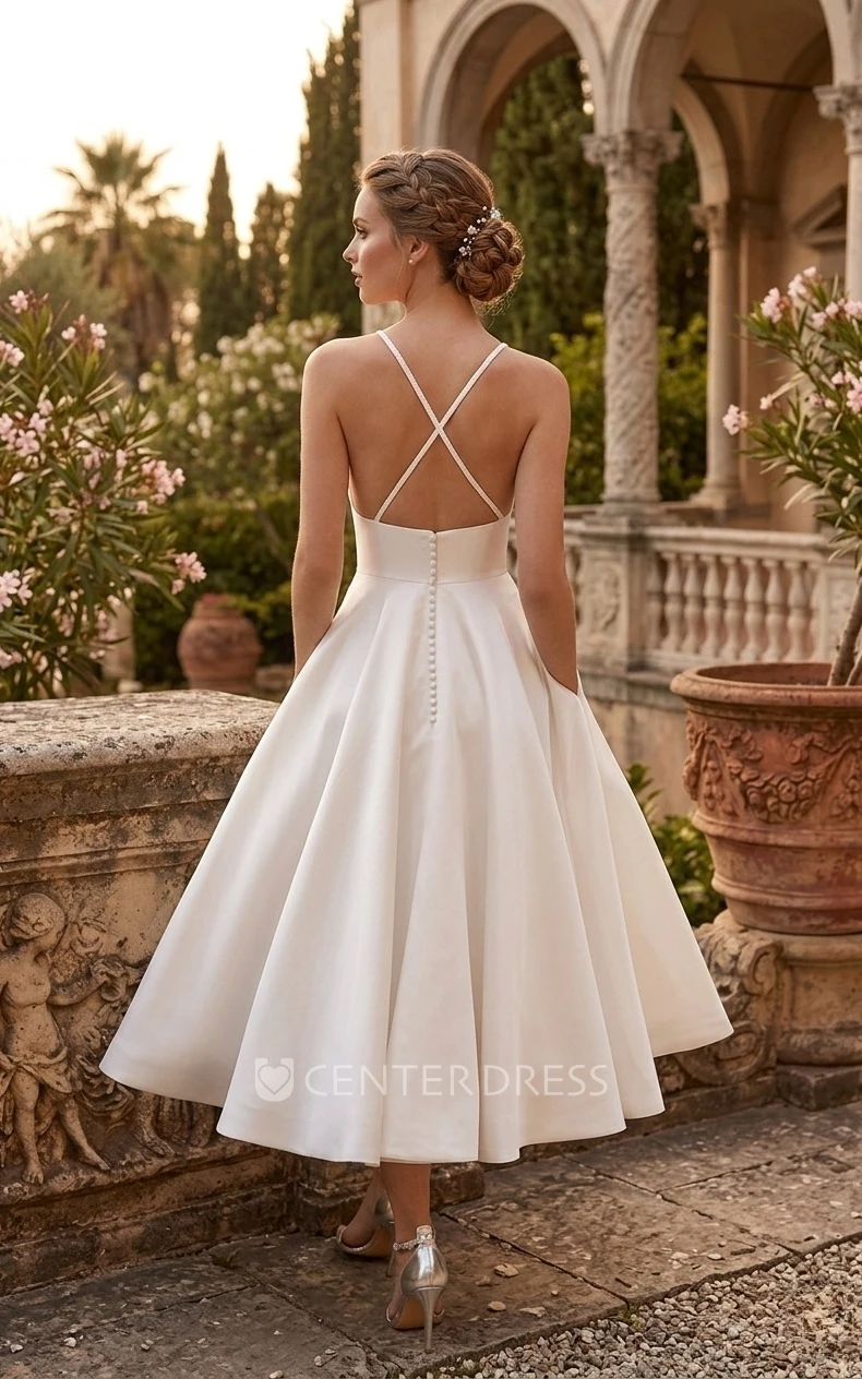 Simple Short A-Line Tea Length V-Neck Cross Back Sleeveless Satin Summer Wedding Dress Beach with Ruffles