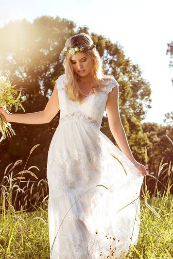 Vintage Modest Floral A-Line Lace Bohemian Winter Wedding Dress Rustic Cap Sleeve Country Tulle Empire Waist Maxi Bridal Gown