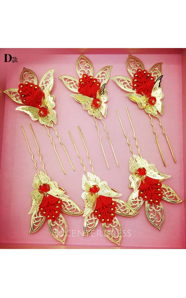 Bride Red Headdress Hair Ornaments Chinese Cheongsam Wedding Accessories Plate Hairpin U-Shaped Clip