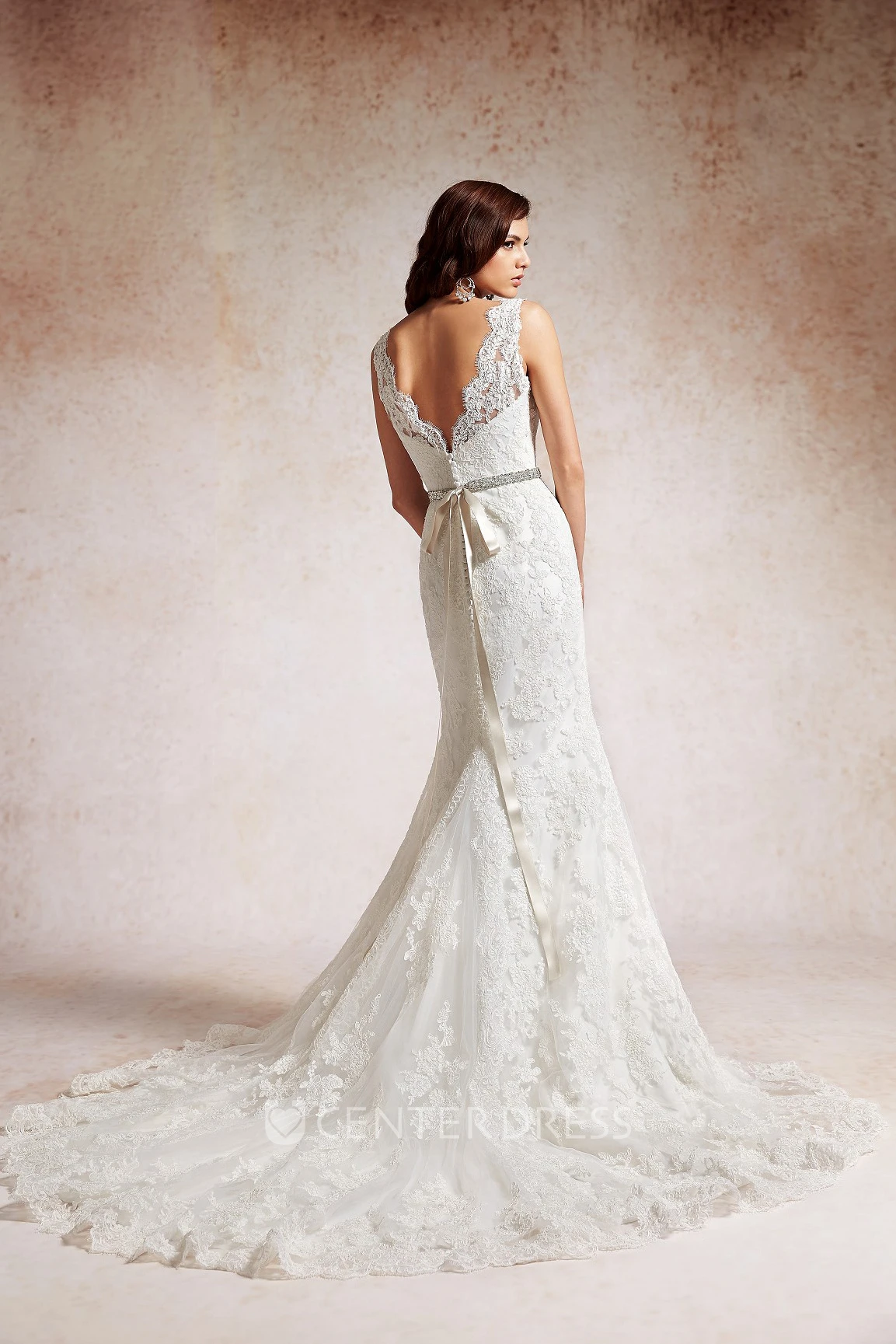 V-Neck Sleeveless Mermaid Wedding Dress With Sequins And Appliques