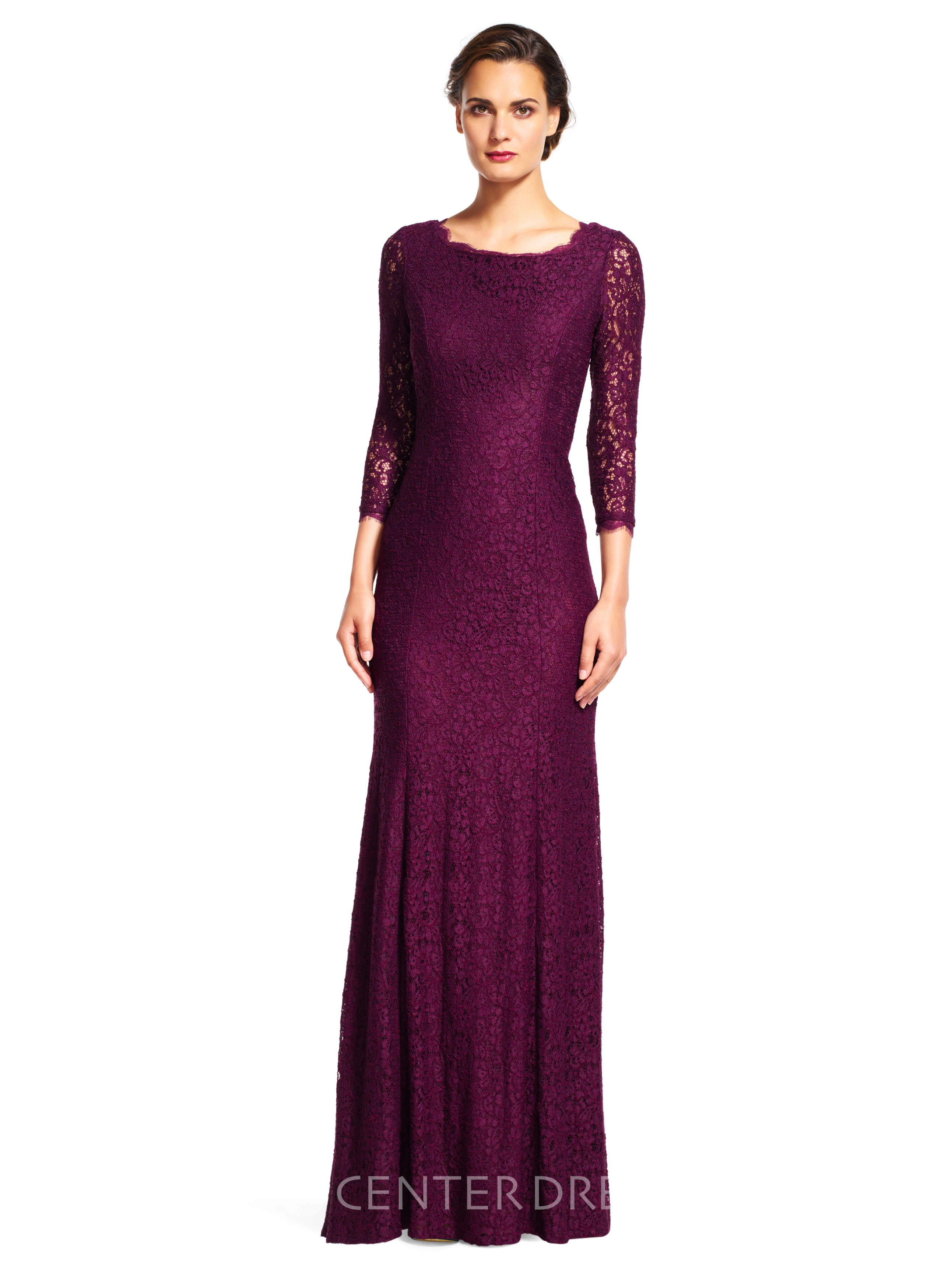 Sheath 3-4-Sleeve Maxi Scoop-Neck Lace Bridesmaid Dress With V Back