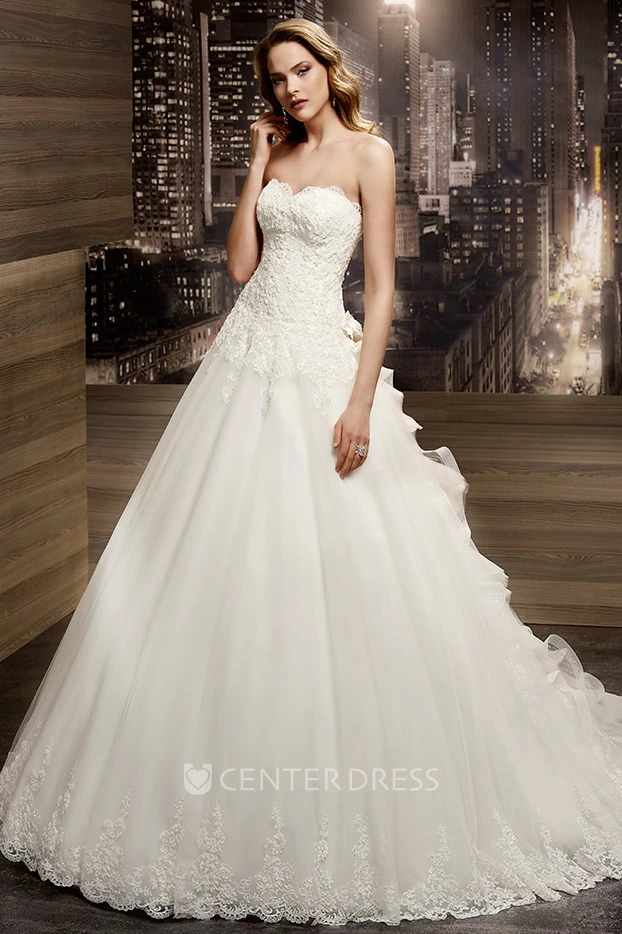 Strapless Appliques A-line Wedding Gown with Ruching Train and Lace-up Back