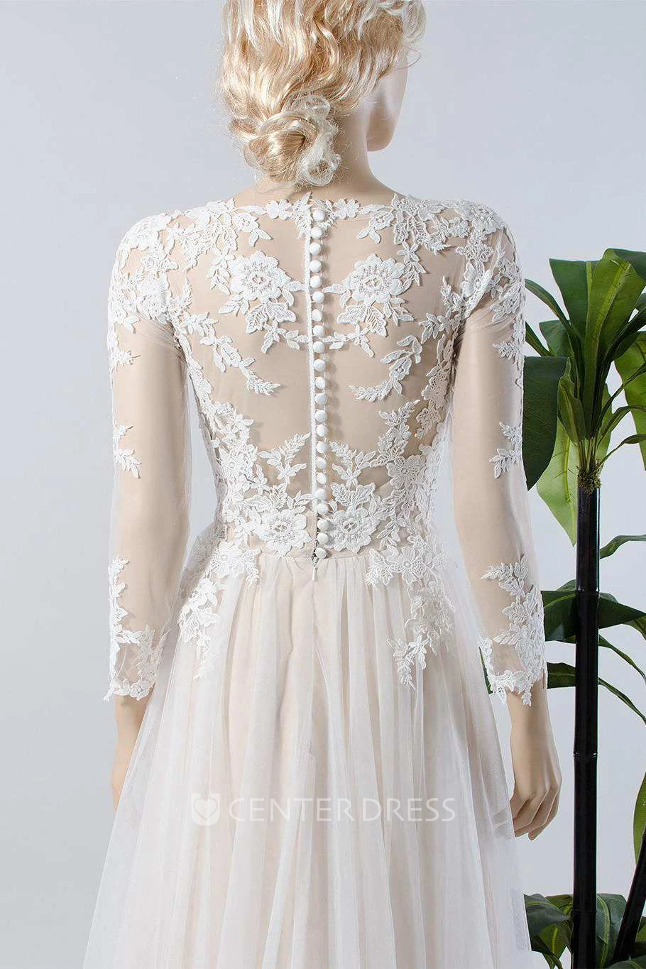 V-Neck Illusion Long Sleeve Lace Appliqued Tulle A-Line Pleated Winter Wedding Dress
