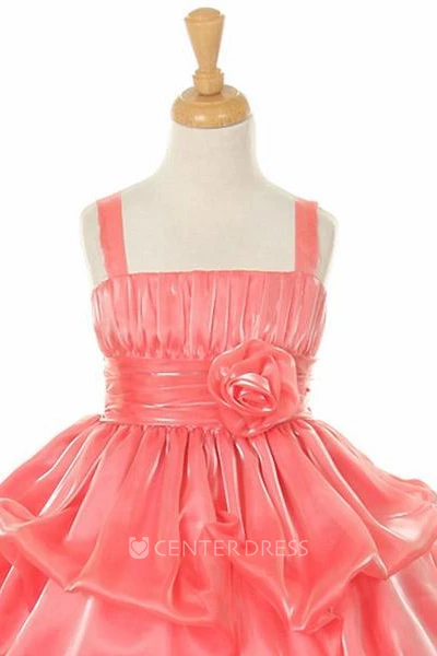 Spaghetti Tea-Length Bolero Ruched Organza&Satin Flower Girl Dress With Pick Up