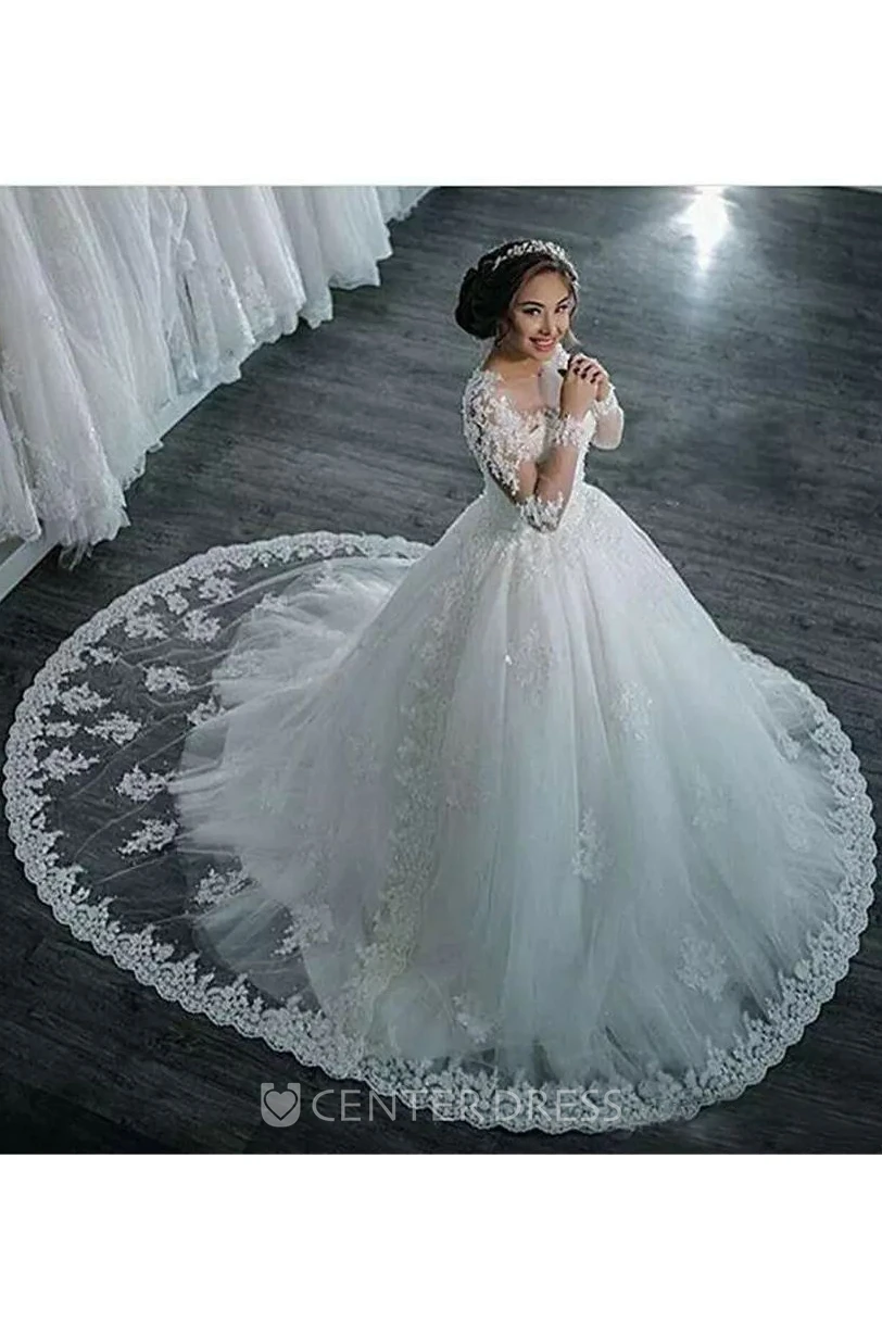 Sleeveless Jewel A-Line Ball Gown Lace Tulle Zipper Illusion Wedding Dress