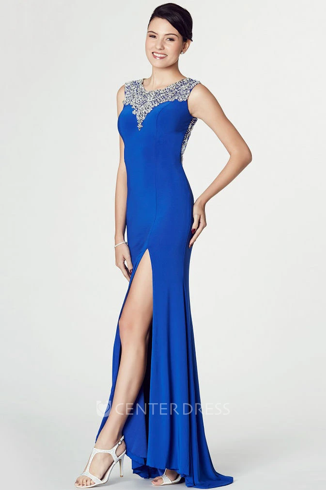 Sleeveless Beaded V-Neck Jersey Prom Dress With Split Front And Keyhole