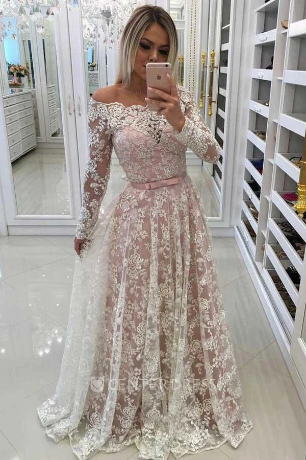 Illusion Long Sleeve Floor-length A-Line Off-the-shoulder Lace Dress