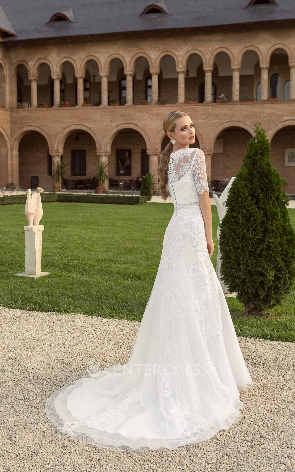 Floor-length Half Sleeve Button Back Lace Dress