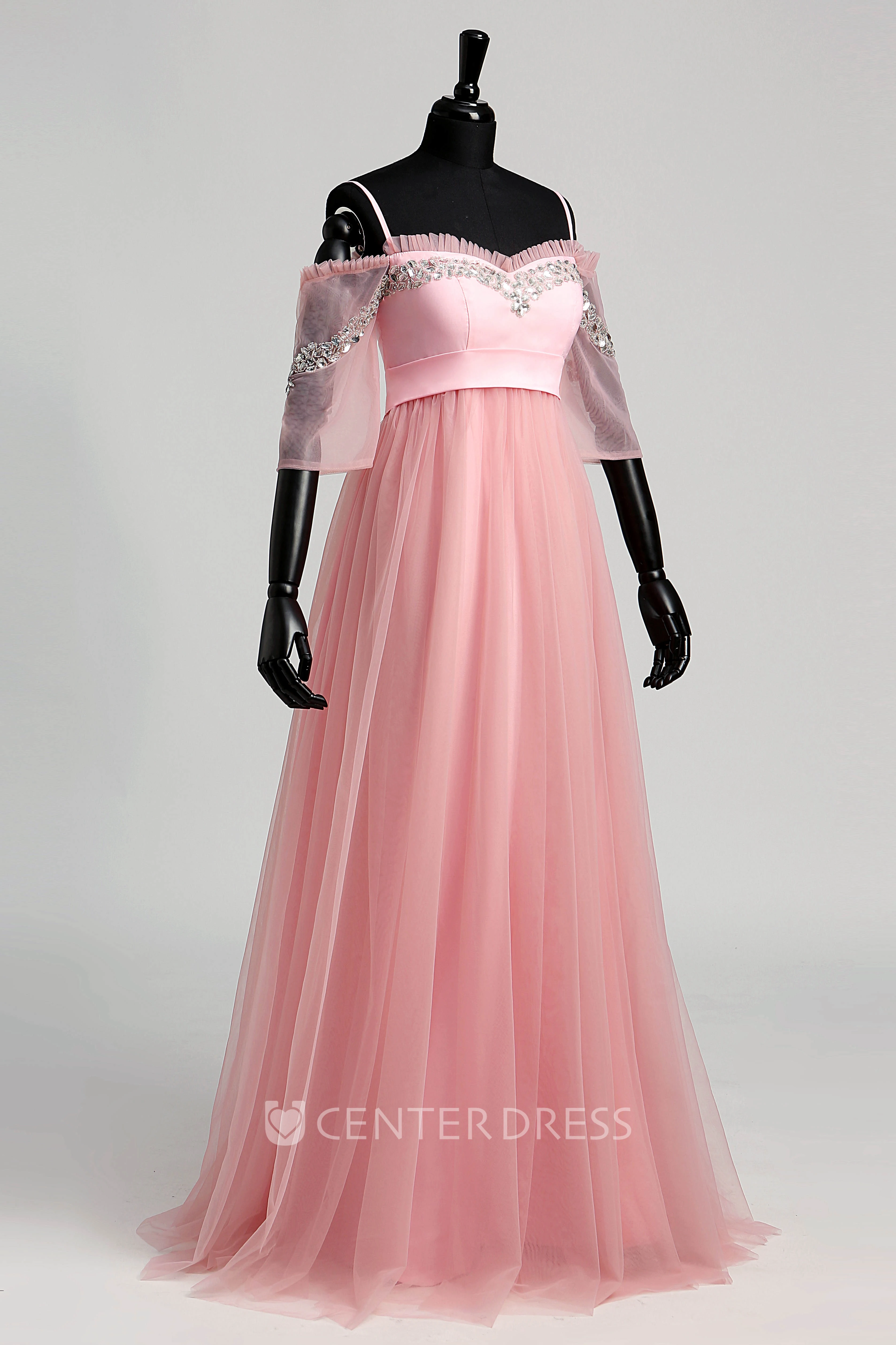 A-line Sweep Brush Train Beading Tulle Dress