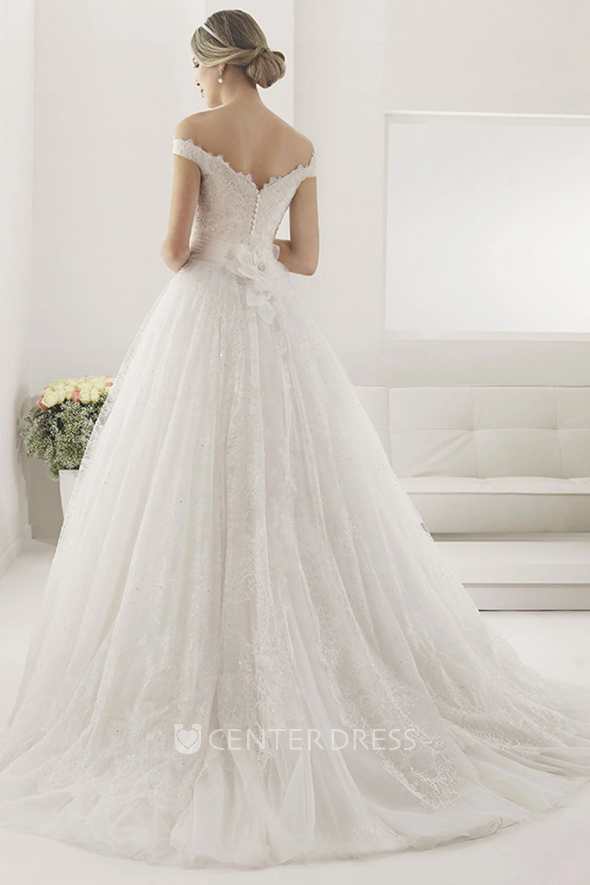 Off Shoulder Sequined Lace Ball Gown With Bandage Back Flower