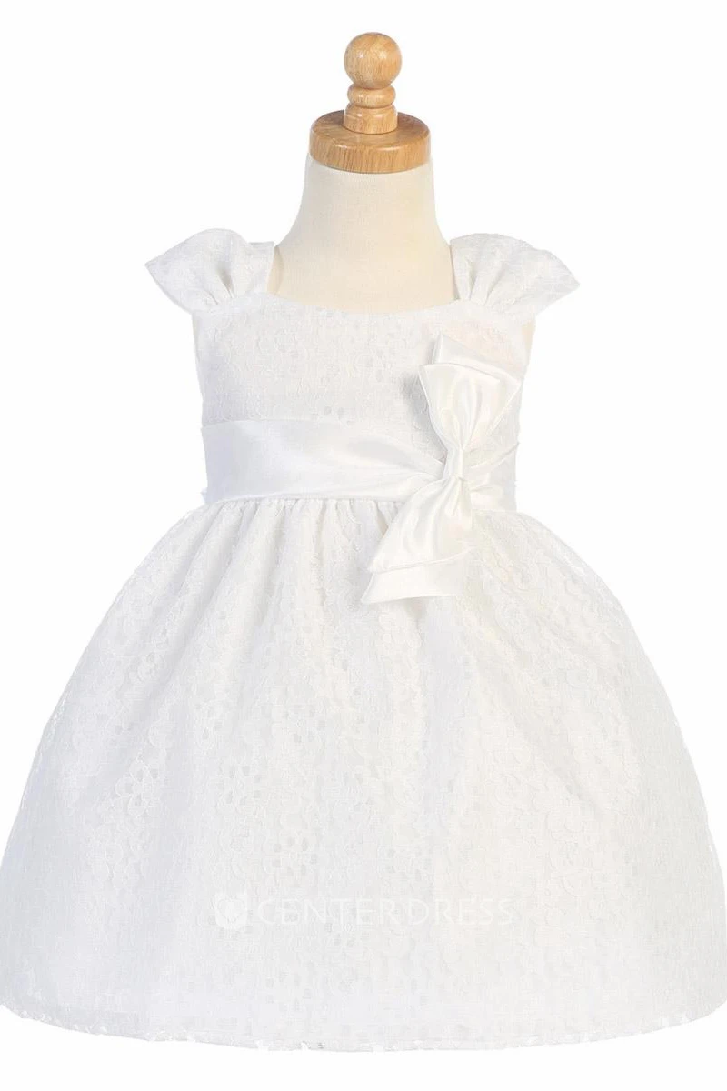Tea-Length Ruched Tiered Tulle&Lace Flower Girl Dress