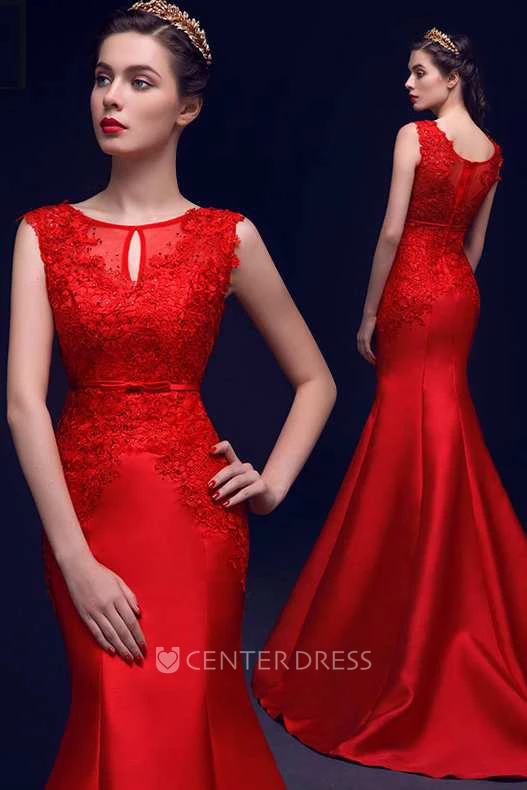 Strapless Scoop Neck Pleated Mermaid Satin Gown With Appliques