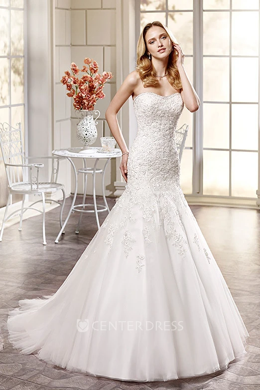 Trumpet Sweetheart Long Beaded Tulle Wedding Dress With Appliques