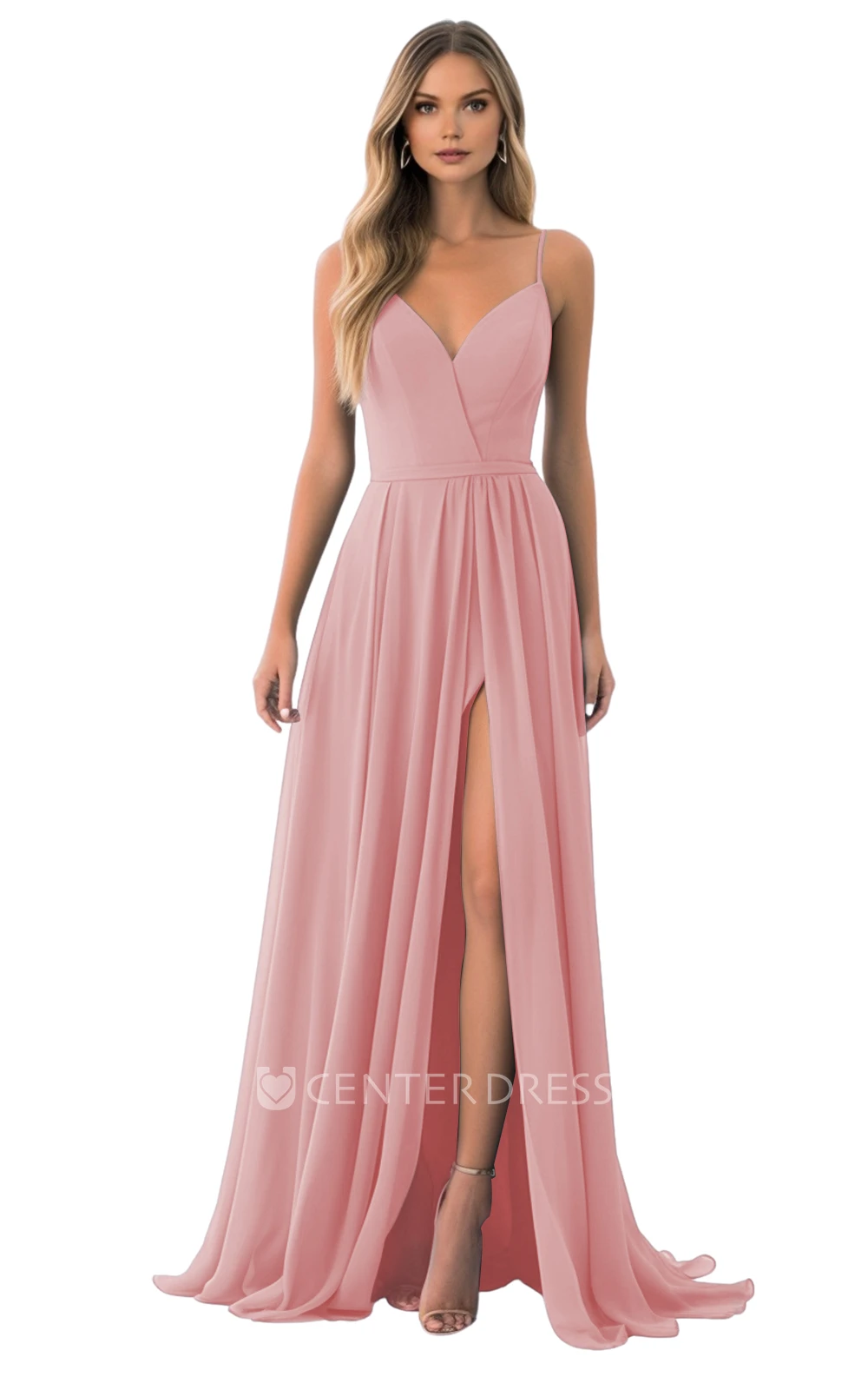 Spaghetti Chiffon Bridesmaid Dress with A-Line and Split Front Classy and Beautiful
