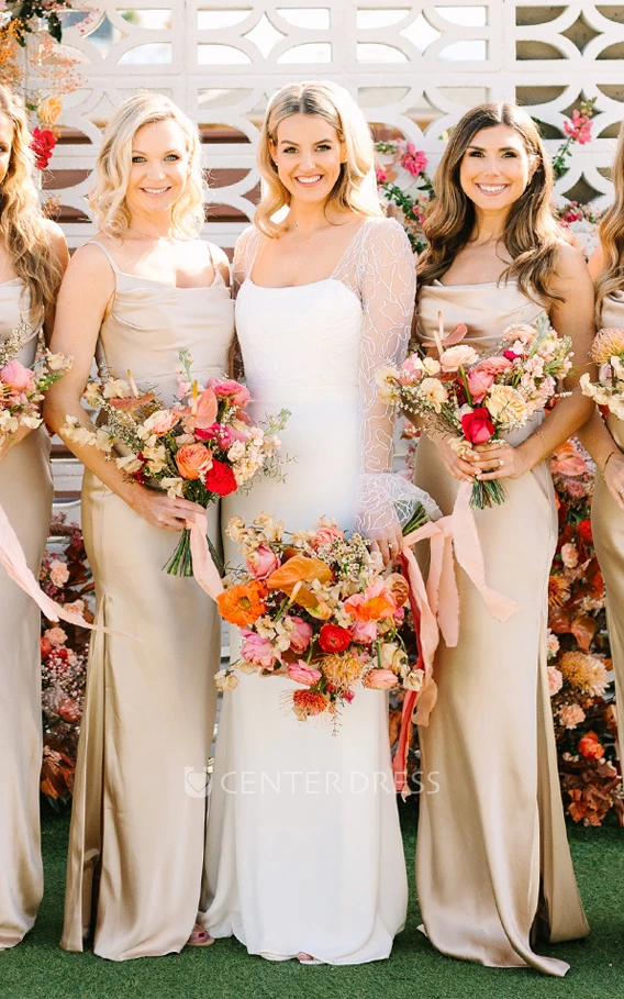 Mermaid Satin Square Casual Wedding Dress With Long Sleeve And Court Train