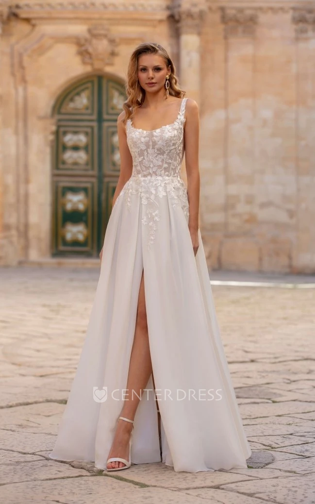 Modern A Line Sleeveless Front Slit Winter Wedding Dress Ethereal Boho Floral Lace Bridal Train Gown