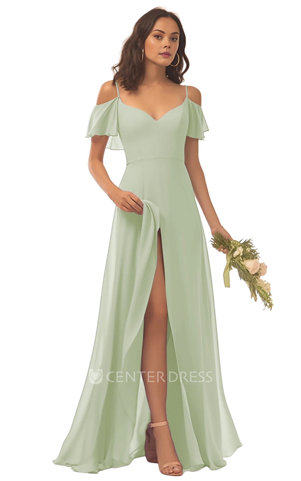 Spaghetti Chiffon Bridesmaid Dress with A-Line and Split Front Beautiful and Modern