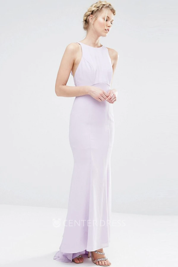 Sheath Ankle-Length Cascading-Ruffled Scoop Neck Sleeveless Chiffon Bridesmaid Dress