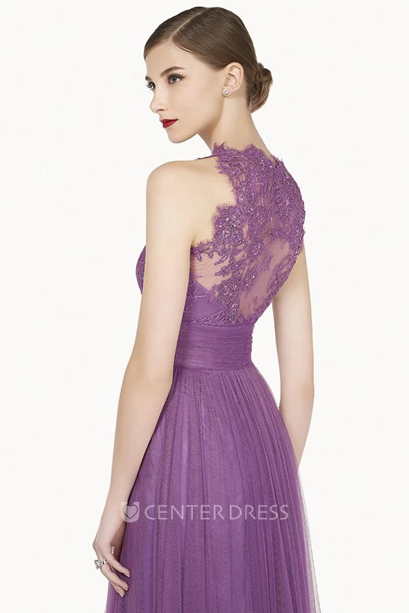 Lace High Neck Sleeveless A-Line Tulle Long Prom Dress With Bandage