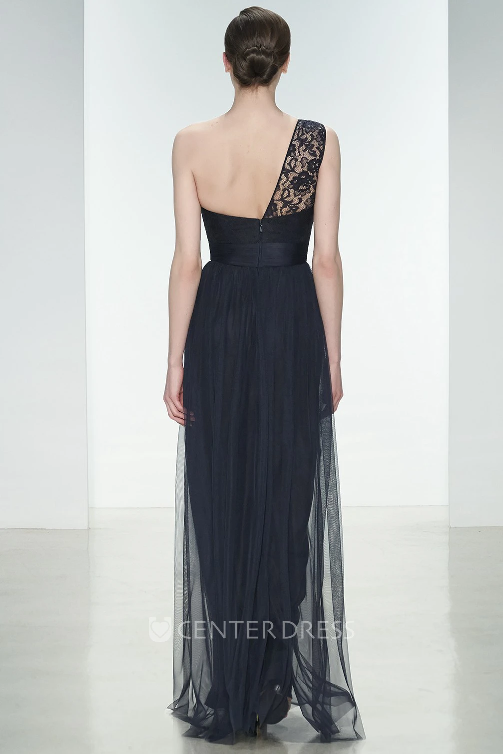 Sheath Long One-Shoulder Sleeveless Pleated Chiffon&Lace Bridesmaid Dress