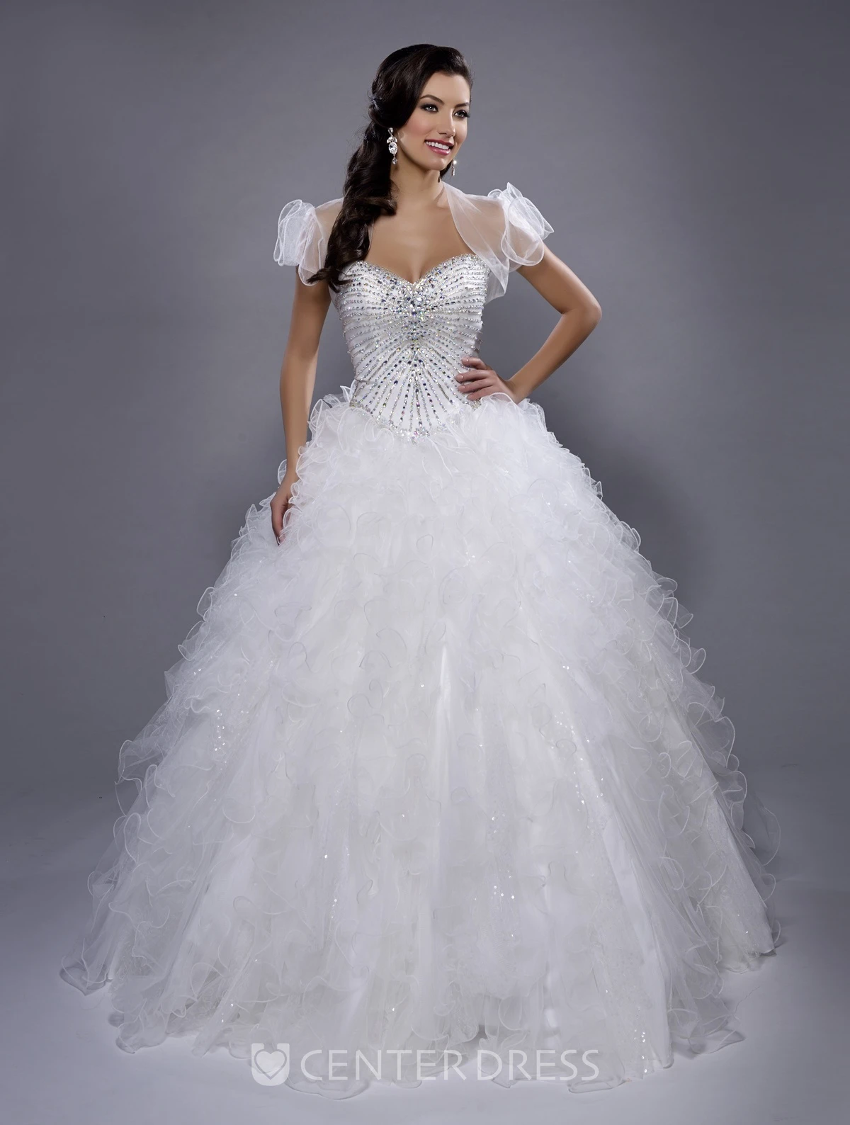 Organza Sweetheart Ball Gown With Illusion Cape And Cascading Ruffles